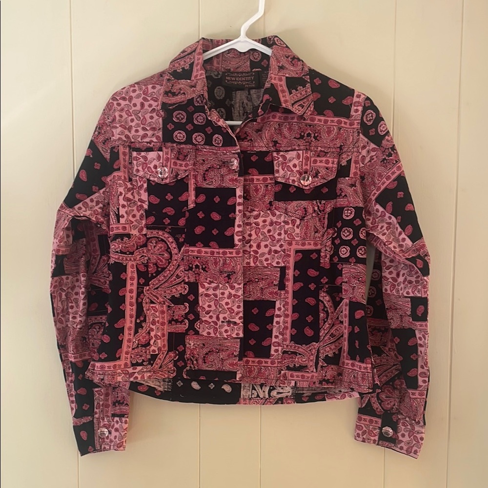 Pink Geometric Jean Jacket with Cropped Cut